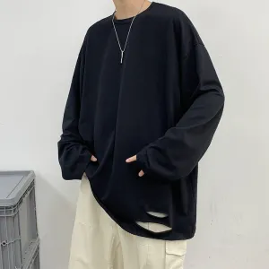Solid Color Ripped Long Sleeve T-Shirt