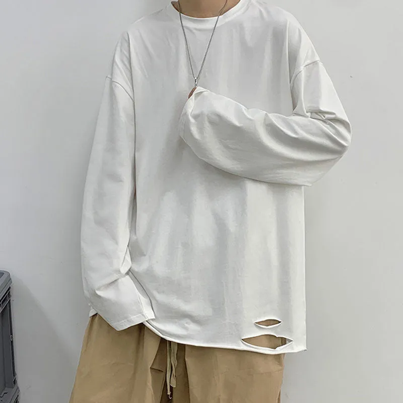 Solid Color Ripped Long Sleeve T-Shirt
