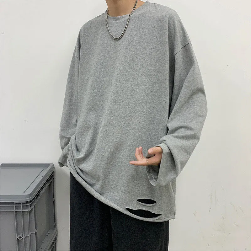 Solid Color Ripped Long Sleeve T-Shirt