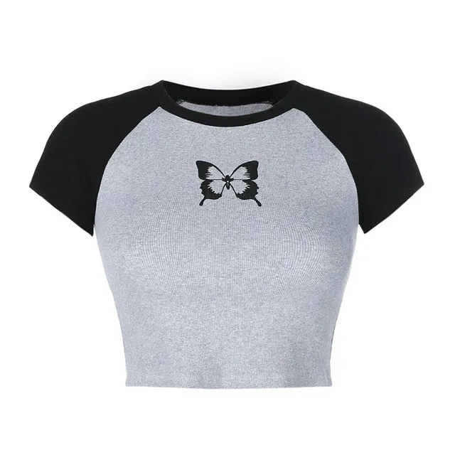 Summer Contrast Color Cute Crop Top Slim Basic Short Sleeve Tees