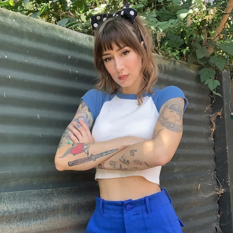 Summer Contrast Color Cute Crop Top Slim Basic Short Sleeve Tees