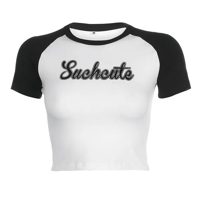 Summer Contrast Color Cute Crop Top Slim Basic Short Sleeve Tees