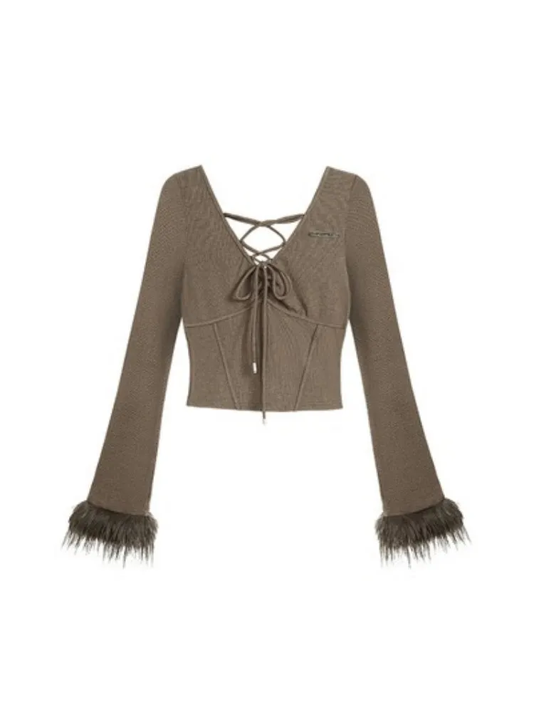 Terry Fur Sleeves Front Lace Up Slim Tops【s0000003824】