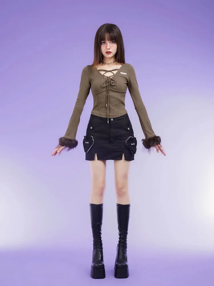 Terry Fur Sleeves Front Lace Up Slim Tops【s0000003824】