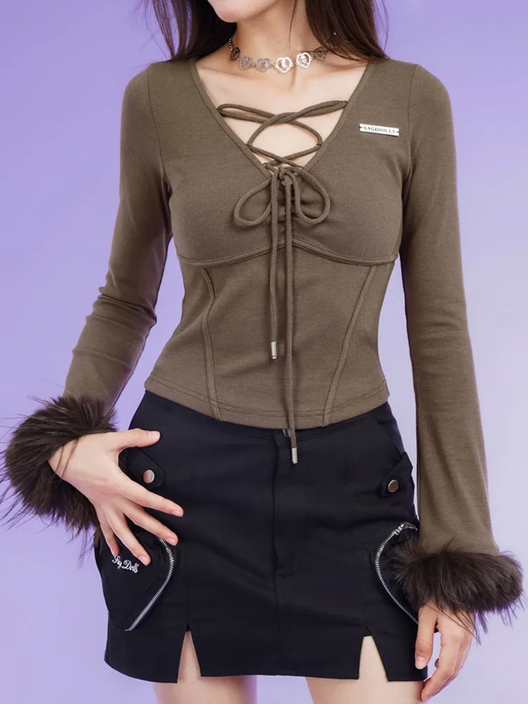 Terry Fur Sleeves Front Lace Up Slim Tops【s0000003824】