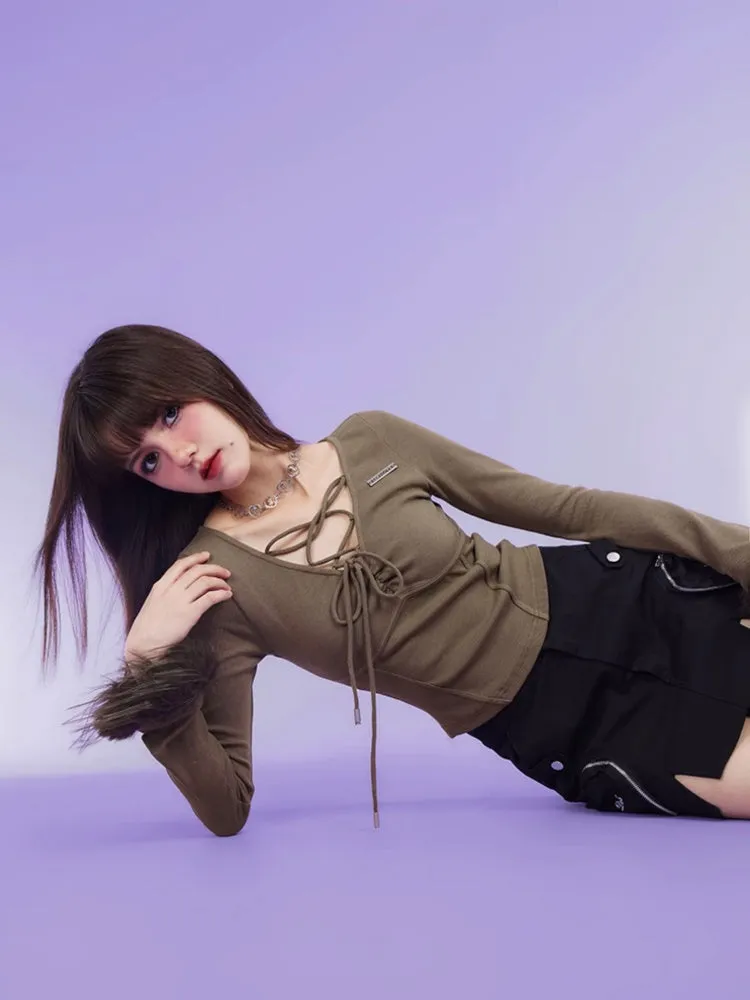 Terry Fur Sleeves Front Lace Up Slim Tops【s0000003824】