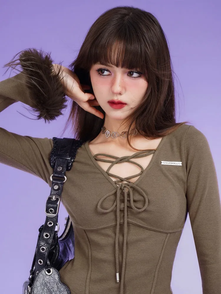Terry Fur Sleeves Front Lace Up Slim Tops【s0000003824】
