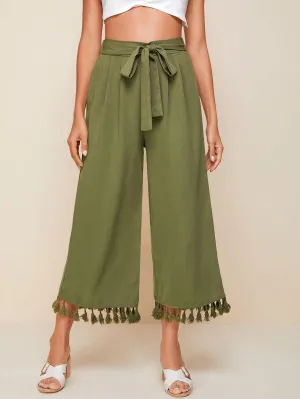Tie Waist Tassel Hem Wide Leg Pants