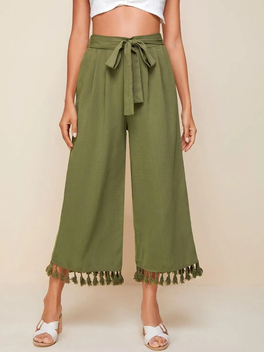 Tie Waist Tassel Hem Wide Leg Pants