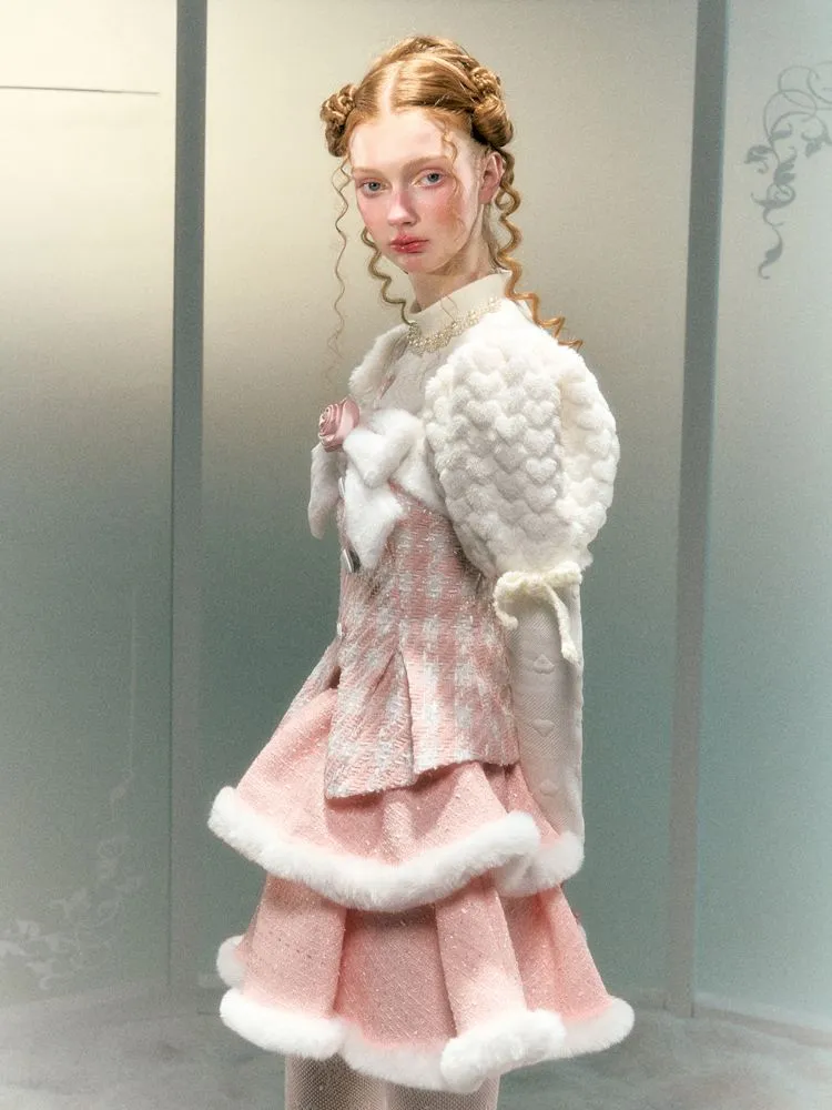Tweed Fur Flower Bow Pom Pom Set【s0000006047】