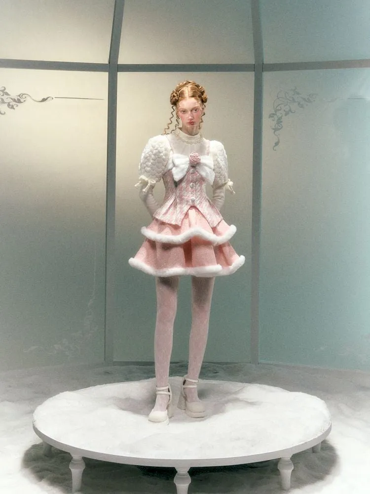 Tweed Fur Flower Bow Pom Pom Set【s0000006047】