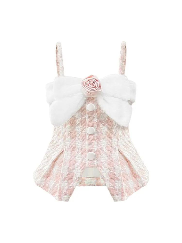 Tweed Fur Flower Bow Pom Pom Set【s0000006047】
