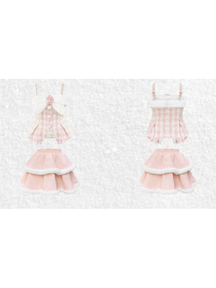 Tweed Fur Flower Bow Pom Pom Set【s0000006047】