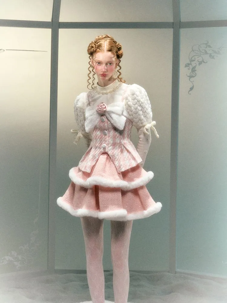 Tweed Fur Flower Bow Pom Pom Set【s0000006047】