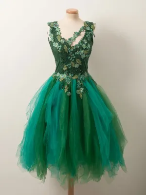 Unique Beaded Floral Short Green Lace Prom, Fluffy Green Lace Formal Graduation Homecoming