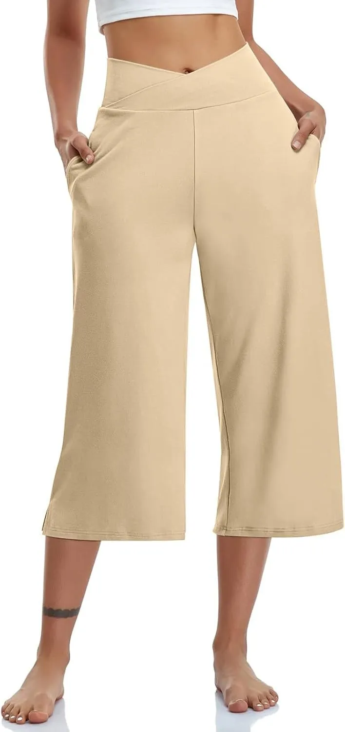 Wide Leg Cropped Pants for Women Drawstring Culottes with Pockets 2025 Summer Gaucho Palazzo Yoga Pants