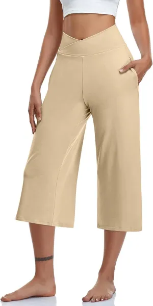 Wide Leg Cropped Pants for Women Drawstring Culottes with Pockets 2025 Summer Gaucho Palazzo Yoga Pants