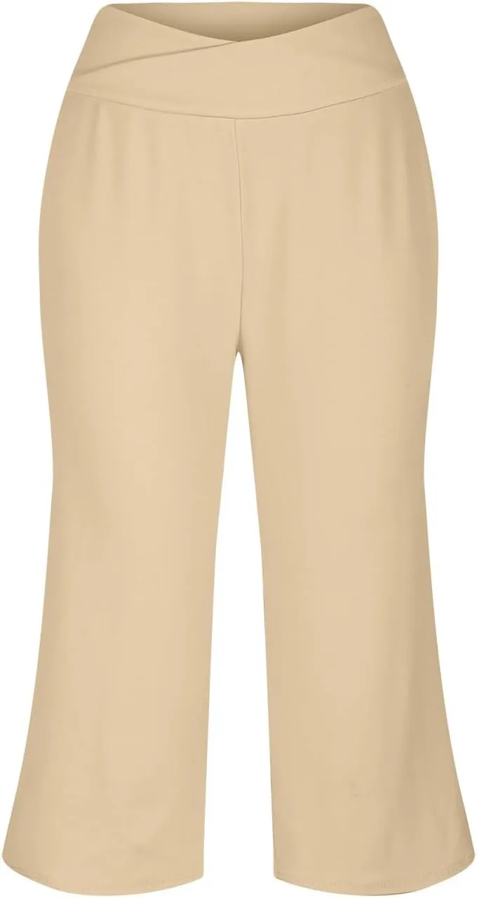 Wide Leg Cropped Pants for Women Drawstring Culottes with Pockets 2025 Summer Gaucho Palazzo Yoga Pants