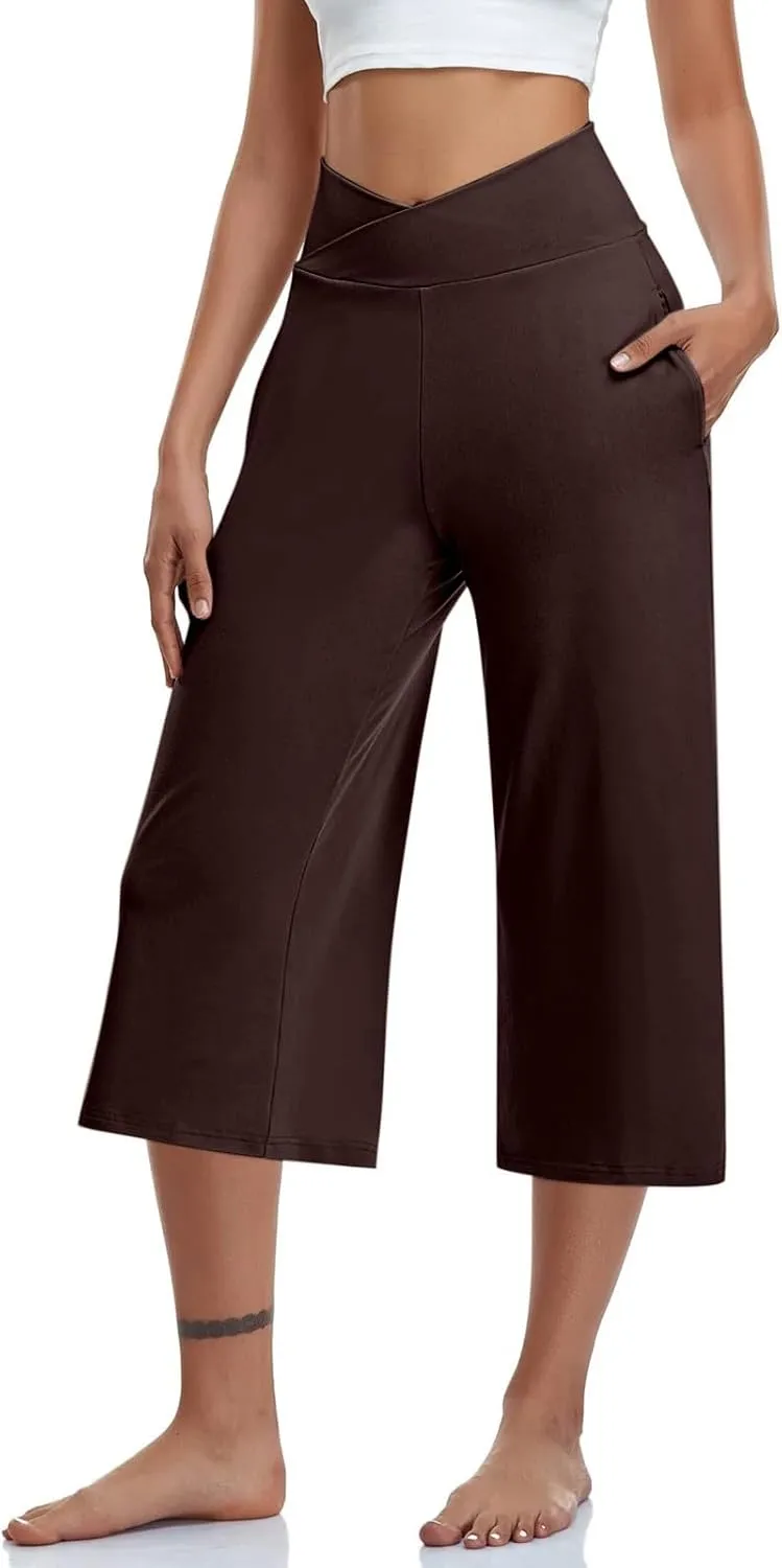 Wide Leg Cropped Pants for Women Drawstring Culottes with Pockets 2025 Summer Gaucho Palazzo Yoga Pants