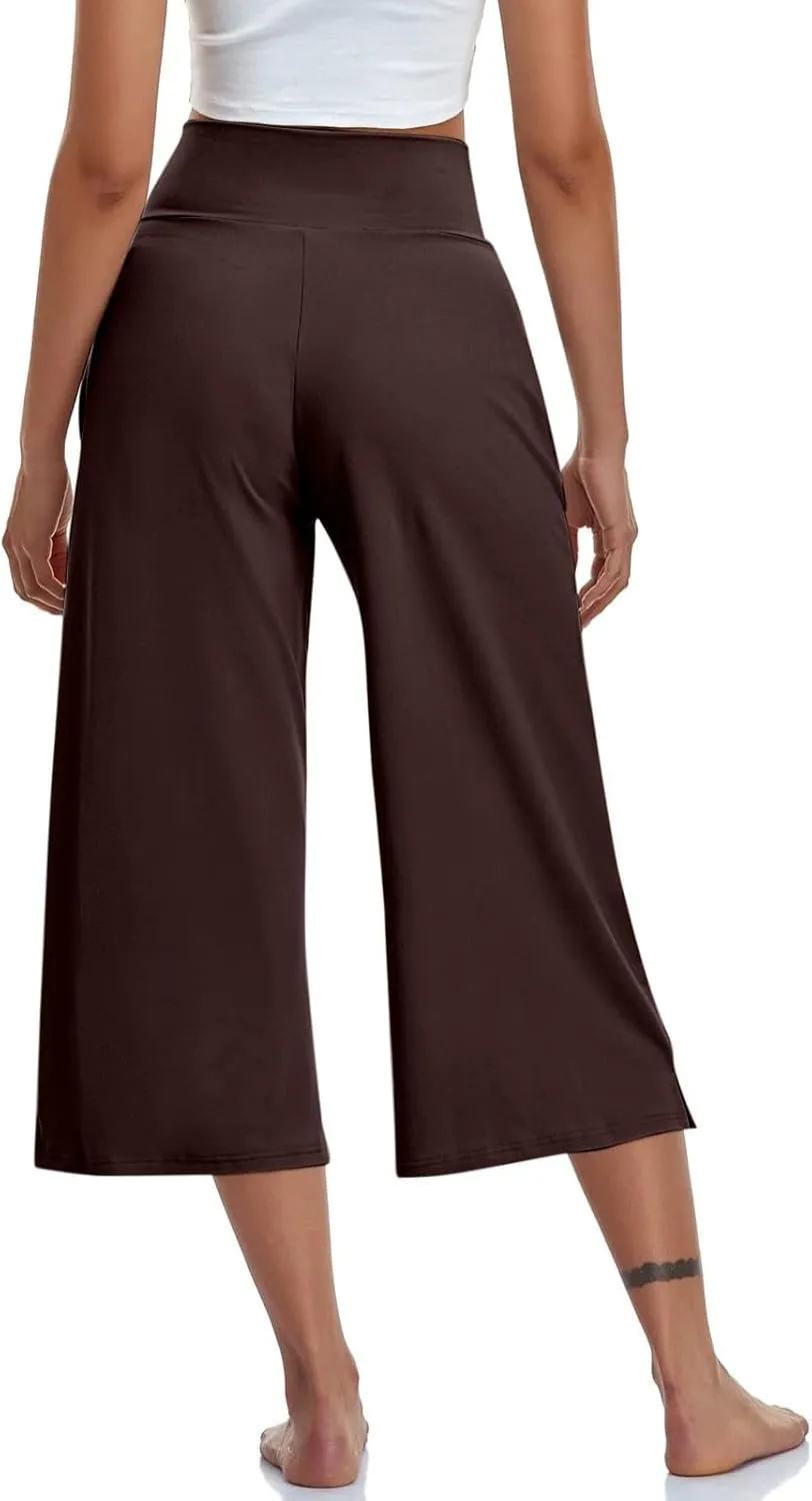 Wide Leg Cropped Pants for Women Drawstring Culottes with Pockets 2025 Summer Gaucho Palazzo Yoga Pants