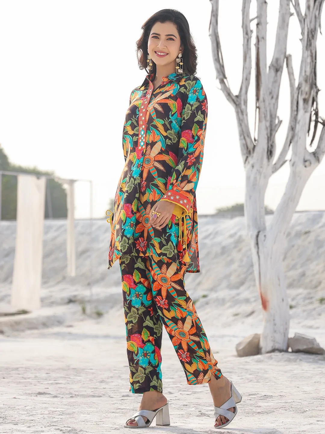 Women black pure muslin Co-ord set with mirror work detailing on placket and sleeve
