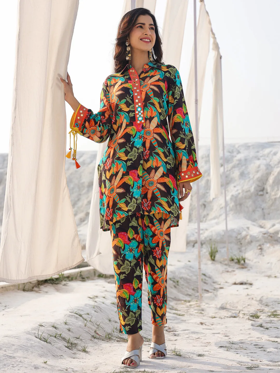 Women black pure muslin Co-ord set with mirror work detailing on placket and sleeve
