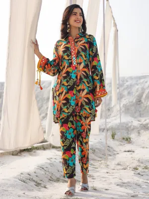 Women black pure muslin Co-ord set with mirror work detailing on placket and sleeve