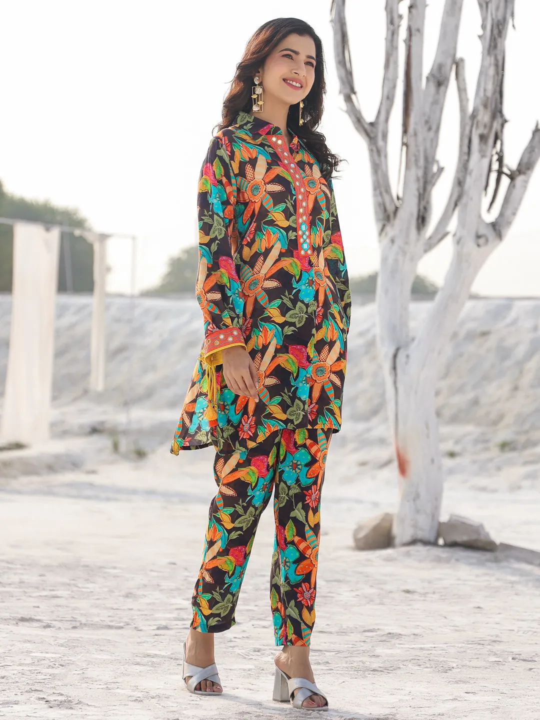Women black pure muslin Co-ord set with mirror work detailing on placket and sleeve