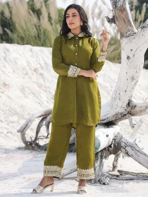 Women olive green woven design Co-ord set with gota detailing