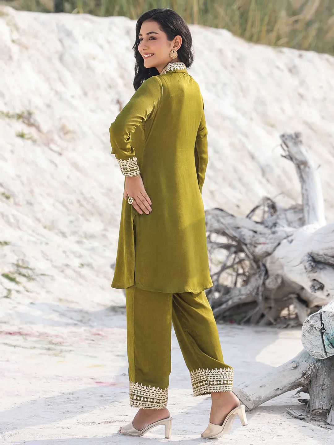 Women olive green woven design Co-ord set with gota detailing