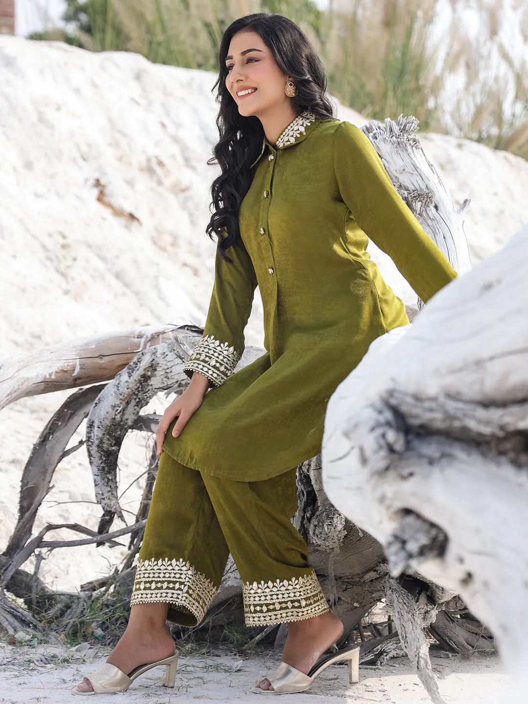 Women olive green woven design Co-ord set with gota detailing