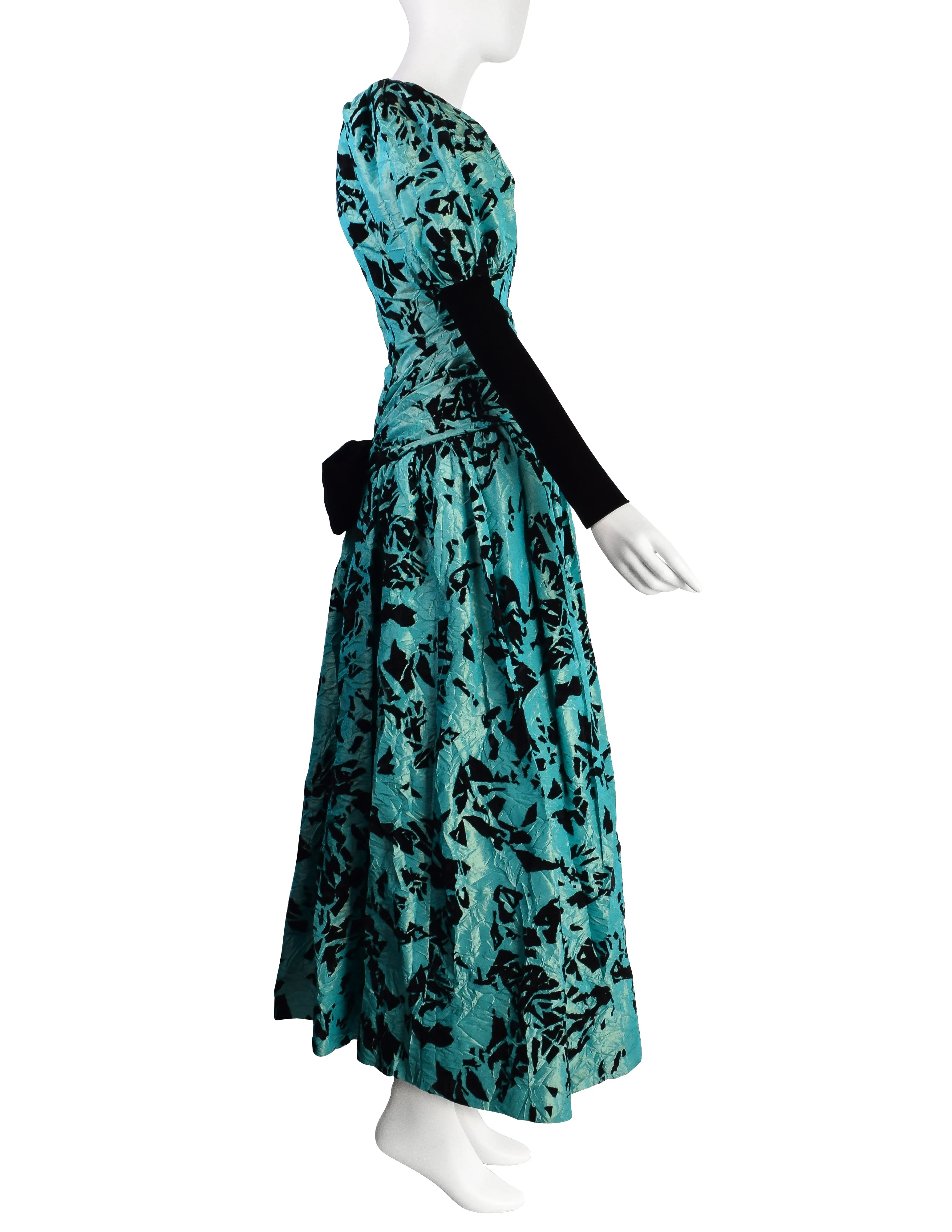 Yves Saint Laurent Vintage Haute Couture AW 1984 Black and Green Velvet Flocked Crinkled Silk Taffeta Gown