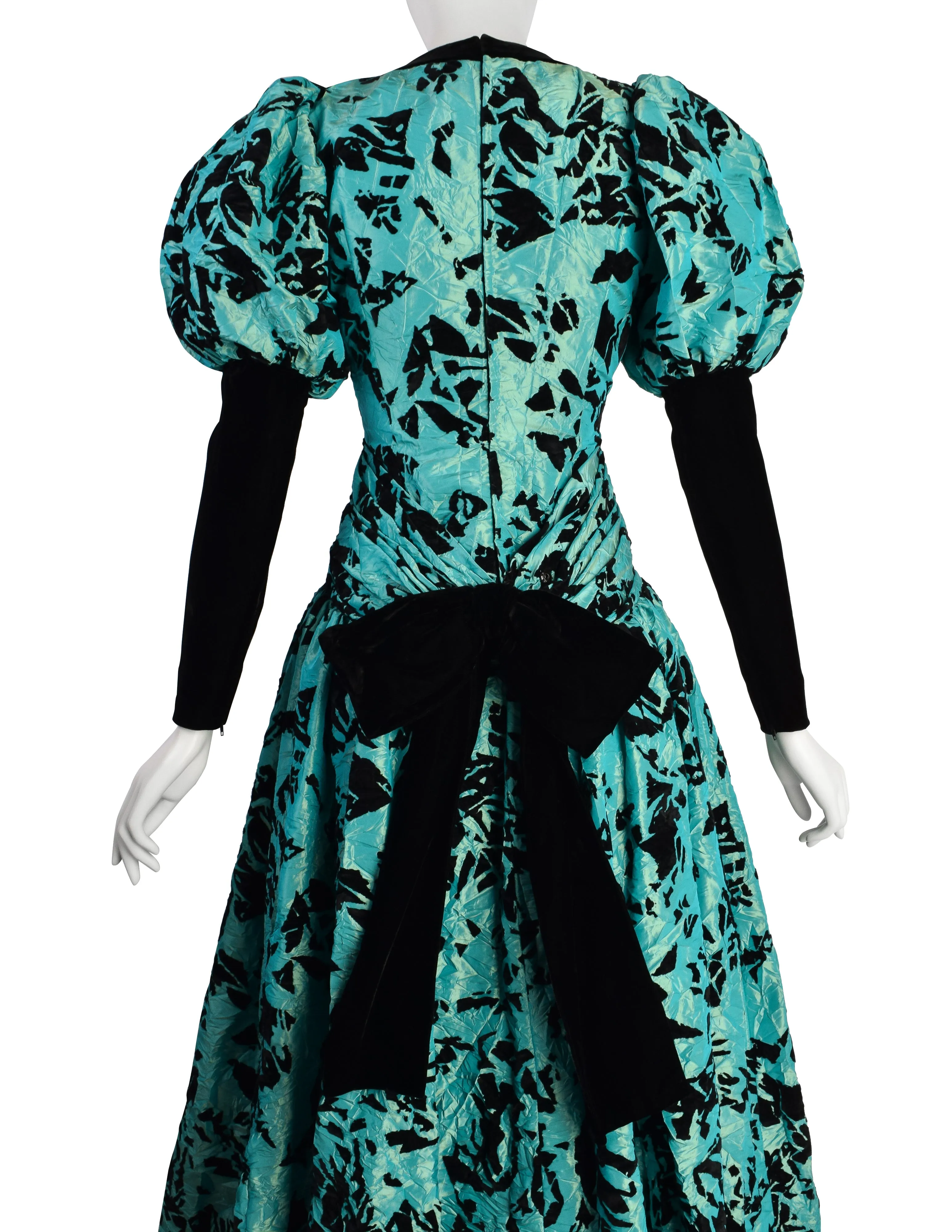 Yves Saint Laurent Vintage Haute Couture AW 1984 Black and Green Velvet Flocked Crinkled Silk Taffeta Gown