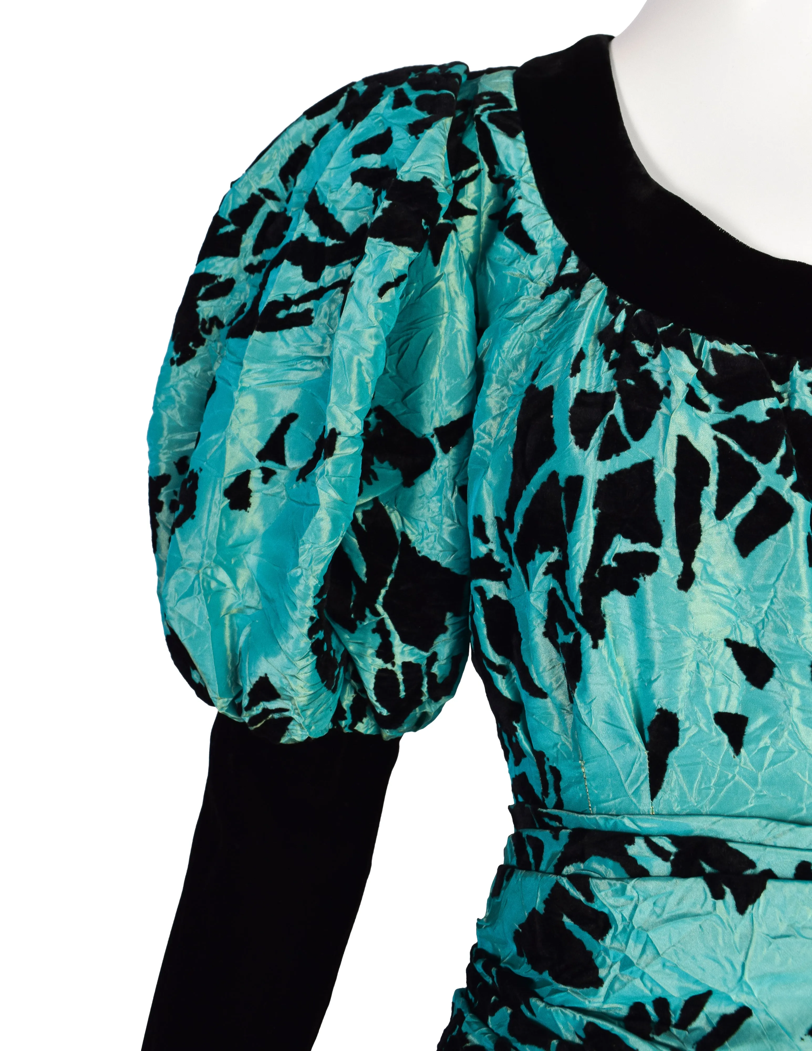 Yves Saint Laurent Vintage Haute Couture AW 1984 Black and Green Velvet Flocked Crinkled Silk Taffeta Gown