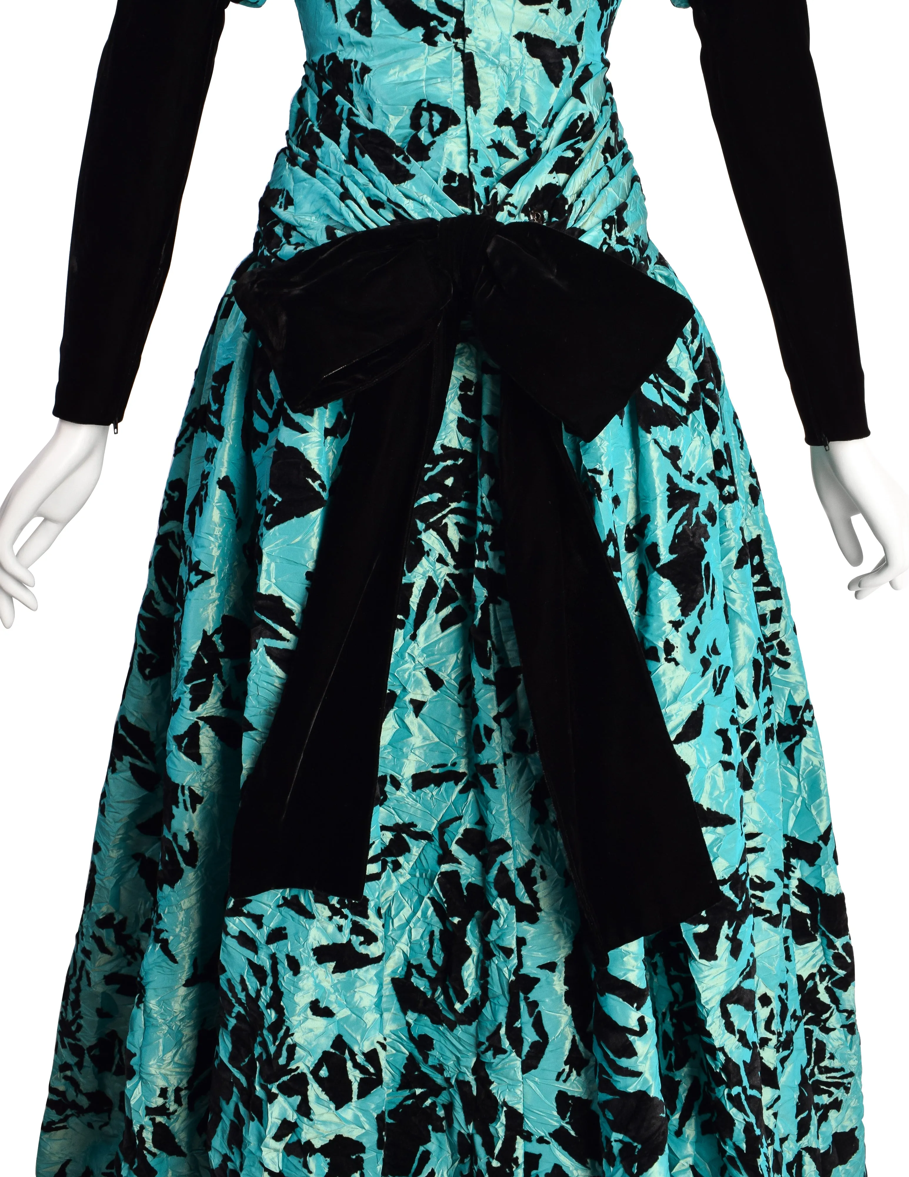 Yves Saint Laurent Vintage Haute Couture AW 1984 Black and Green Velvet Flocked Crinkled Silk Taffeta Gown