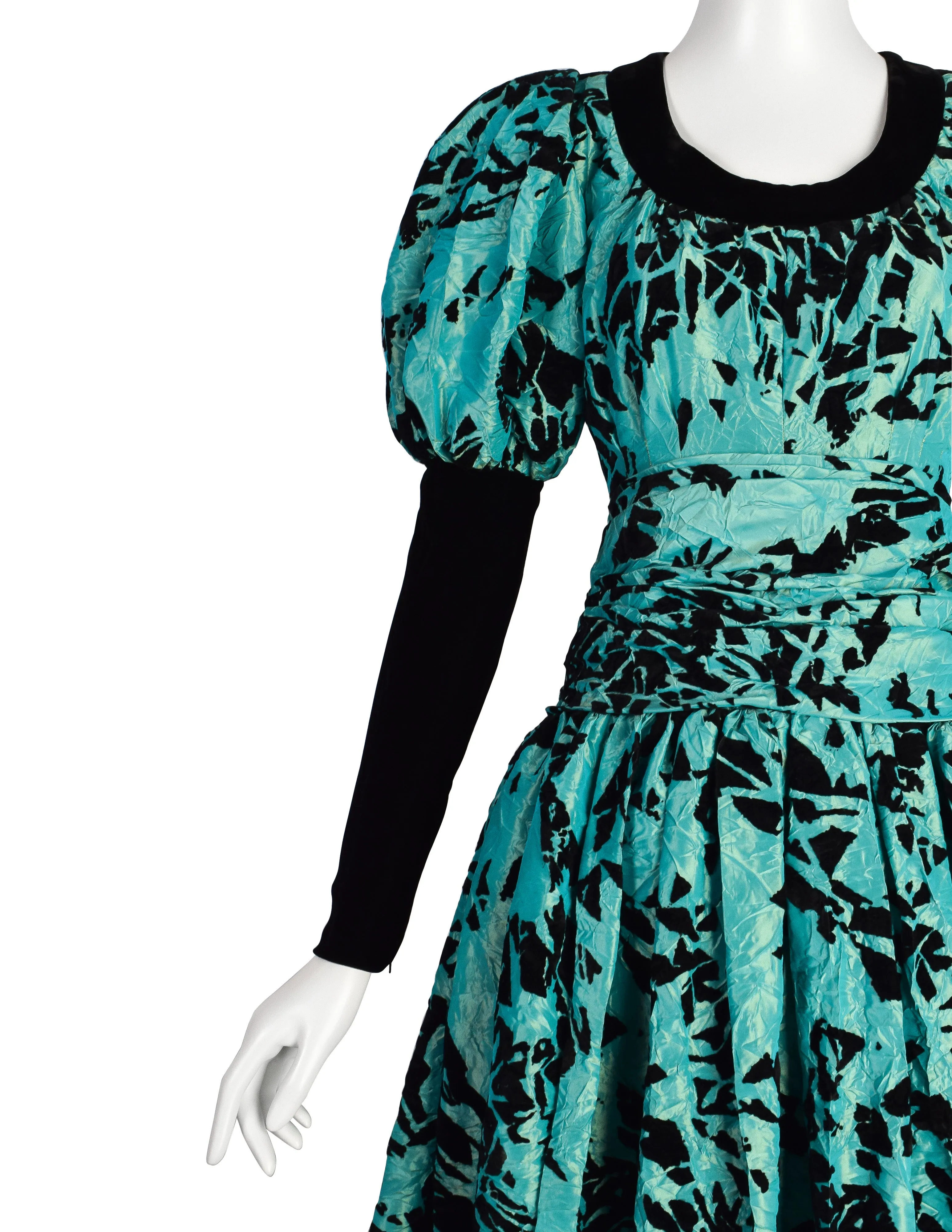 Yves Saint Laurent Vintage Haute Couture AW 1984 Black and Green Velvet Flocked Crinkled Silk Taffeta Gown