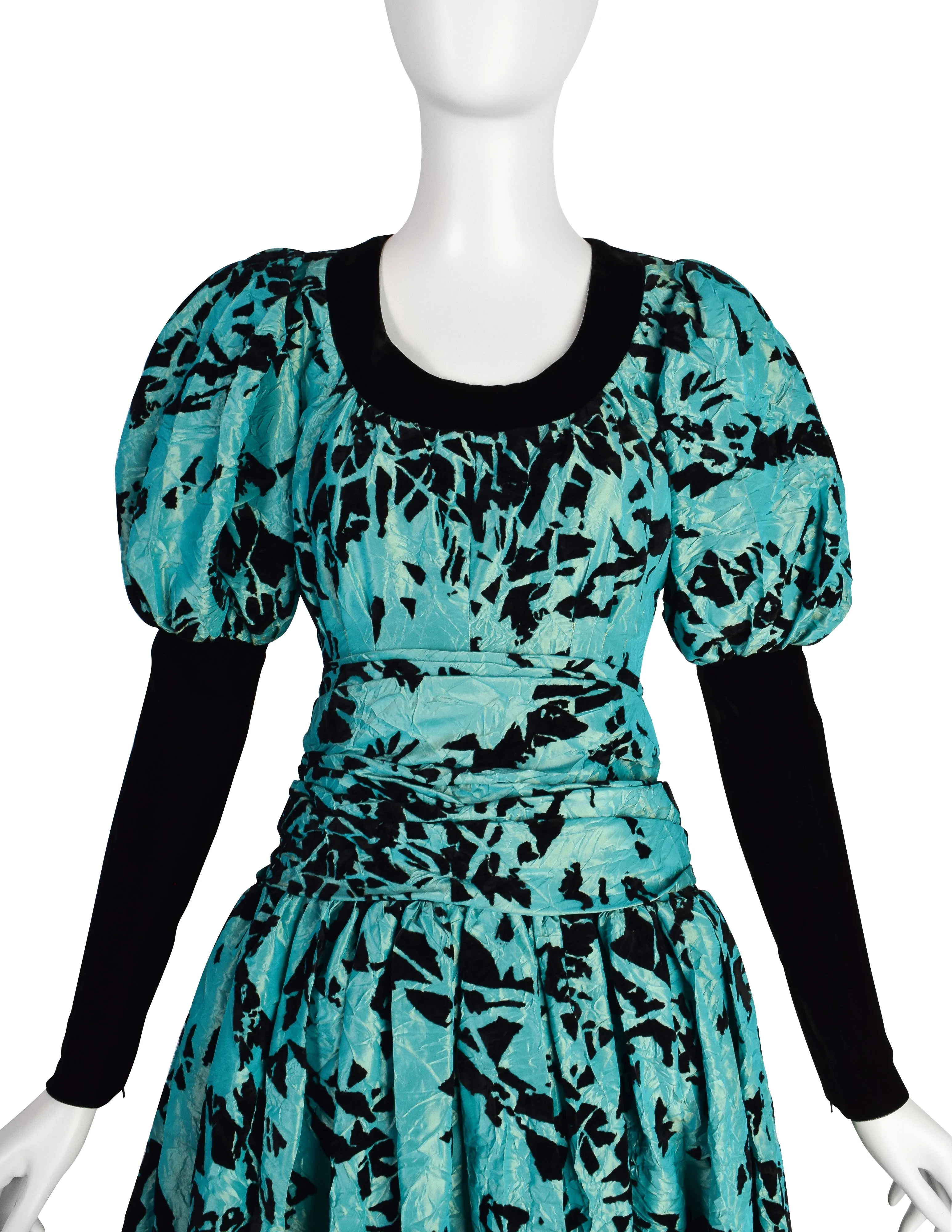 Yves Saint Laurent Vintage Haute Couture AW 1984 Black and Green Velvet Flocked Crinkled Silk Taffeta Gown